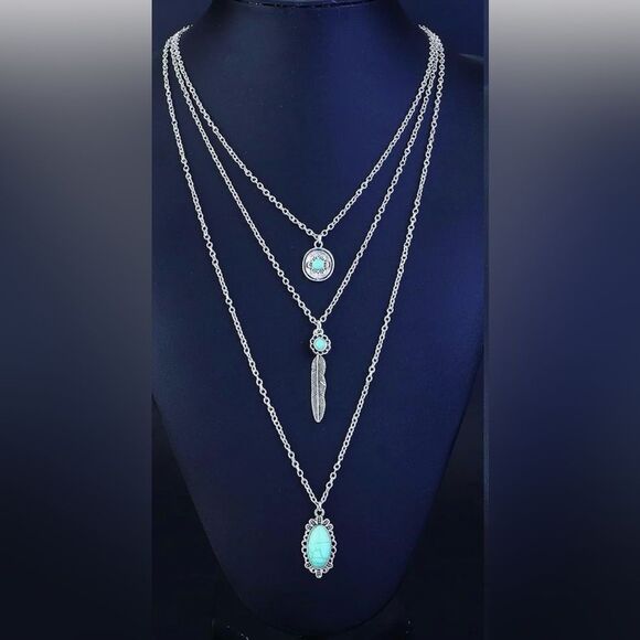 Elegant Boho  Silver Turquoise Layered Western  Necklace - Picture 1 of 9